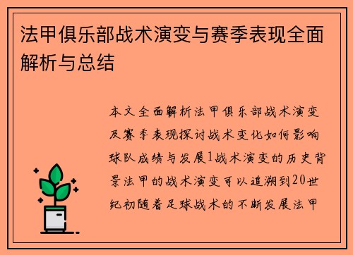 法甲俱乐部战术演变与赛季表现全面解析与总结