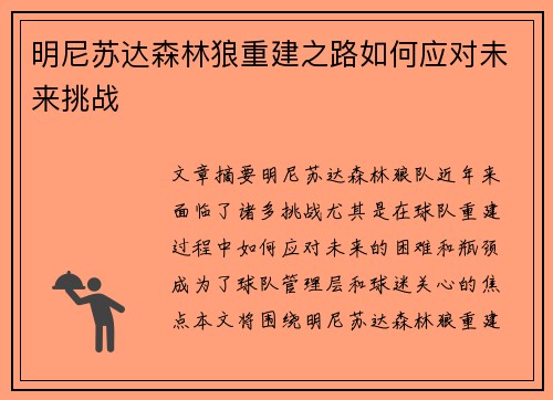 明尼苏达森林狼重建之路如何应对未来挑战