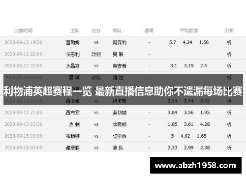 利物浦英超赛程一览 最新直播信息助你不遗漏每场比赛